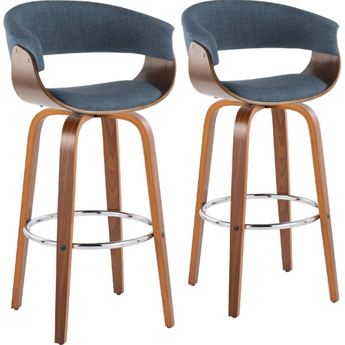 Vintage Mod 30" Swivel Bar Stool in Walnut Wood & Blue Fabric w/ Chrome Footrest (Set of 2)